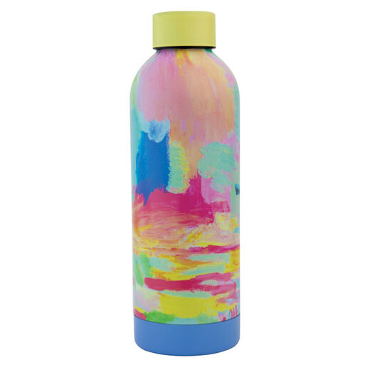 A colourful water bottle featuring an abstract pattern in pastel colours.