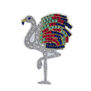 The likeness of a diamond and gemstone Flamingo, hand-sewn in silver, red, green and blue threads 