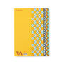 The back cover of a yellow sketchbook featuring geometric colourful patterns.