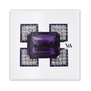 A square white greetings card featuring a Cartier brooch made with a large rectangular amethyst mounted in diamonds
