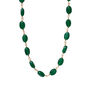 Gold rosary necklace with deep green pebble shaped stones.